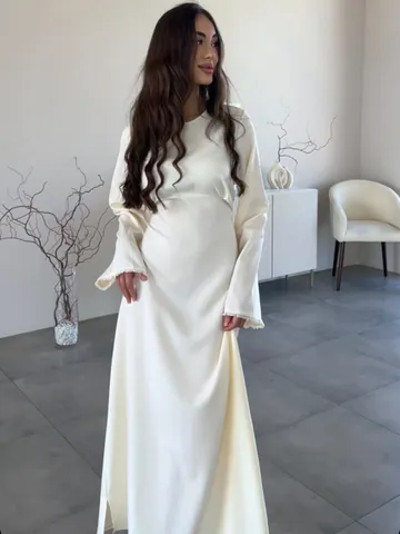 Damen Elegant Weiß Satin Maxi Kleid Mit Spitzenbesatz Ausgestellte Ärmel Slim Fit Bedruckt Polyester Langarm Partykleid