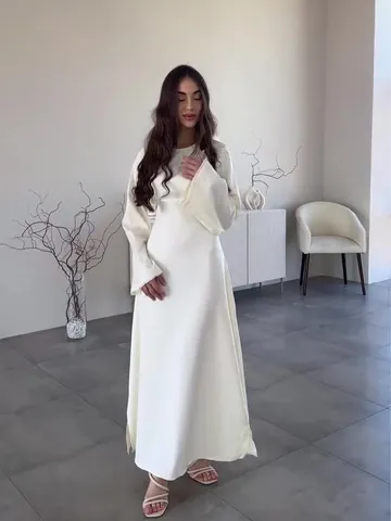 Damen Elegant Weiß Satin Maxi Kleid Mit Spitzenbesatz Ausgestellte Ärmel Slim Fit Bedruckt Polyester Langarm Partykleid