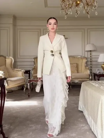 Elegant Women Blazer And Lace Maxi Skirt Top And Bottom Long Sleeve Slim Fit Social Party Wear Autumn Polyester Clothing