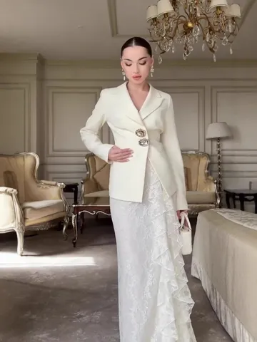 Elegant Women Blazer And Lace Maxi Skirt Top And Bottom Long Sleeve Slim Fit Social Party Wear Autumn Polyester Clothing
