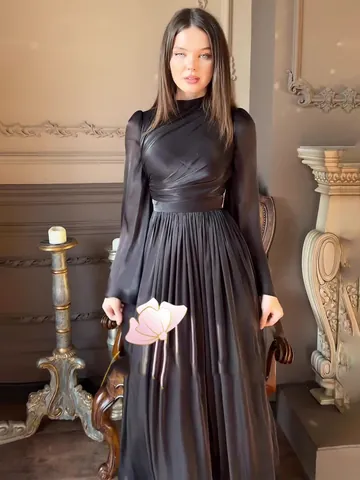 Robe Maxi Plissée à Col Montant pour Femme Style Français Manches Longues Taille Nouée Coupe Slim Polyester Mercerisé Robe de Navette Élégante