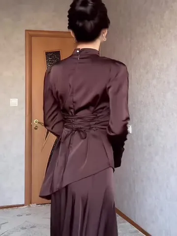 Vestido Maxi de Satén Elegante para Mujer de Manga Larga Ajustado Exótico con Vendaje de Color Sólido para Fiesta