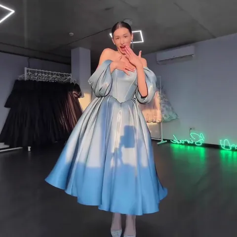 Elegant Off-Shoulder Puff Sleeve Satin Look Dress Princess Style Banquet Party Evening Gown A-Line Midi Dress For Women