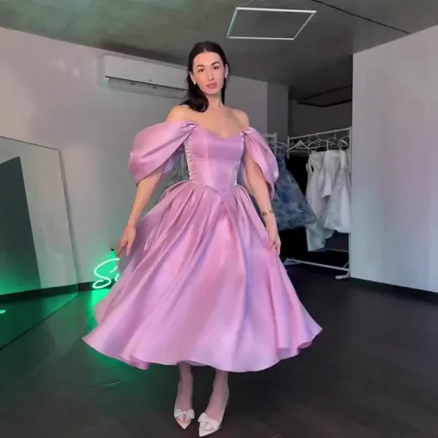 Elegant Off-Shoulder Puff Sleeve Satin Look Dress Princess Style Banquet Party Evening Gown A-Line Midi Dress For Women