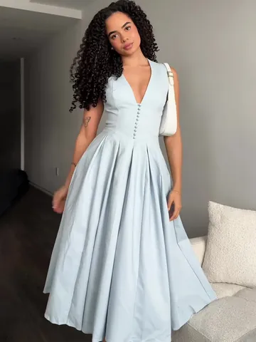 Vestido Largo Elegante con Cuello en V Sin Mangas para Mujer Fresco Dulce Poliéster Línea A Plisado Vestido con Botones
