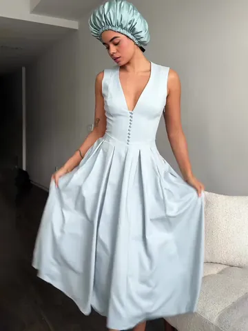 Vestido Largo Elegante con Cuello en V Sin Mangas para Mujer Fresco Dulce Poliéster Línea A Plisado Vestido con Botones