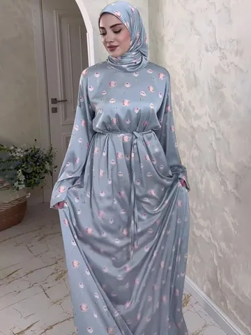 Women Elegant Polyester Floral Printed Maxi Dress And Headscarf Set Muslim Abaya Loose Long Sleeve Pullover Dress For Daily Vacation