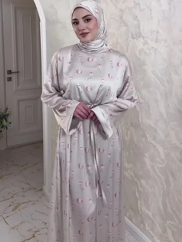 Women Elegant Polyester Floral Printed Maxi Dress And Headscarf Set Muslim Abaya Loose Long Sleeve Pullover Dress For Daily Vacation