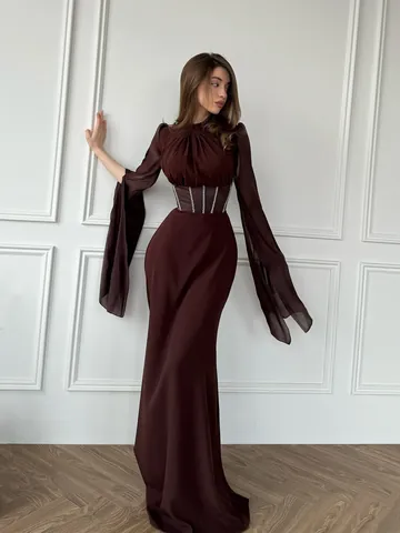Women Elegant Satin Look Maxi Dress Long Sleeve Split Cape Sleeve Corset Waist Slim Fit Solid Color Party Evening Gown
