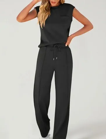 Mujer Casual Sin Mangas Cuello Redondo Top And Bottom Color Sólido Ropa Deportiva Punto Chaleco Pantalones de Pata Ancha Moda Atuendo