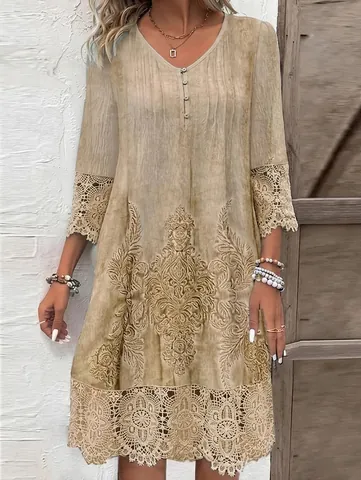 Women Plus Size V-Neck Midi Dress With Shirred Detail Lace Patchwork Vintage Printed Commuter Bohemian A-Line Dress