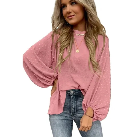 Elegante Patchwork Damen Stehkragen Bluse Übertriebene Laternenärmel Swiss Dot Geprägt Langarm Polyester Elasthan Oberteil