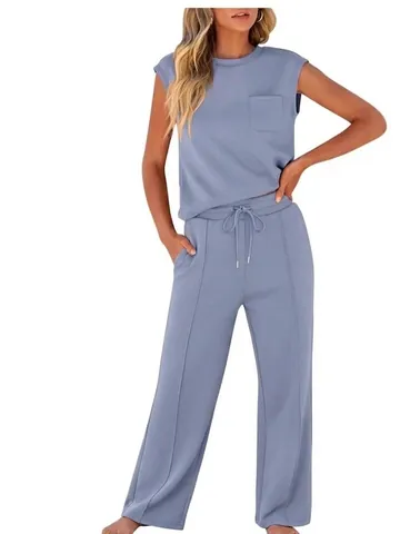 Mujer Casual Sin Mangas Cuello Redondo Top And Bottom Color Sólido Ropa Deportiva Punto Chaleco Pantalones de Pata Ancha Moda Atuendo
