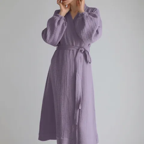Women's V-Neck Smocked Long Sleeve Wrap Dress Cotton Linen Tie Waist A-Line Printed Maxi Dress Commute Casual Wear