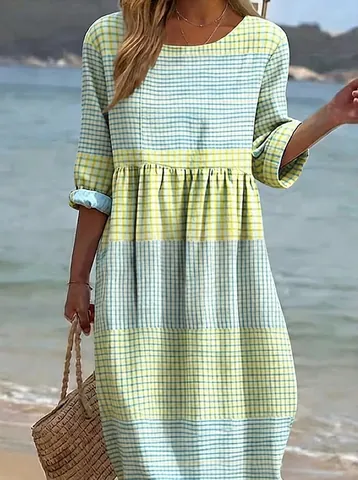 Women Bohemian Polyester Maxi Dress Casual Round Neck Half Sleeve 3D Digital Printed Loose Summer Beach Vacation Gown