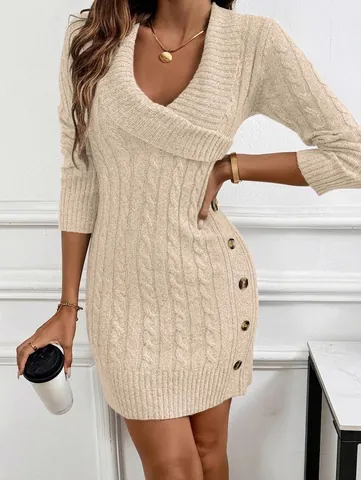 Women Sexy Cable Knit Bodycon Mini Dress Wrap V-Neck Long Sleeve Sweater Dress With Decorative Buttons Autumn Winter Clothing
