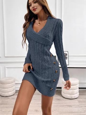 Women Sexy Cable Knit Bodycon Mini Dress Wrap V-Neck Long Sleeve Sweater Dress With Decorative Buttons Autumn Winter Clothing