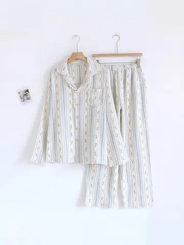Women Floral Printed Cotton Gauze Top And Bottom Long Sleeve Button Down Shirt Elastic Waist Pants Casual Sleepwear