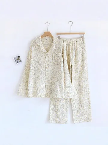 Women Floral Printed Cotton Gauze Top And Bottom Long Sleeve Button Down Shirt Elastic Waist Pants Casual Sleepwear