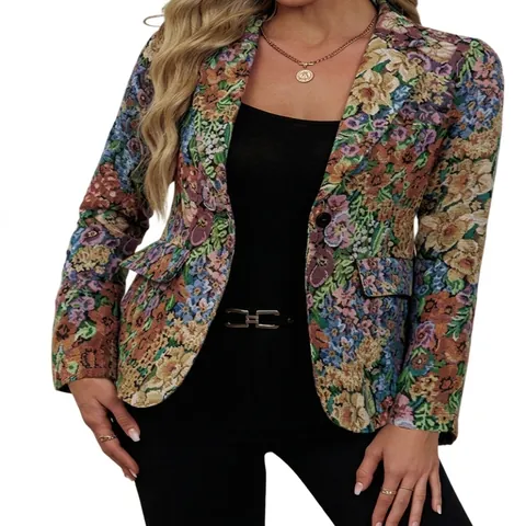 Women Elegant Floral Print Blazer Polyester Single Button Notched Lapel Long Sleeve Mid Length Office Suit Jacket Top