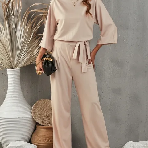 Tuta Casual da Donna in Viscosa Tinta Unita Girocollo Manica a Tre Quarti Ampia Gamba Larga Romper Con Cintura