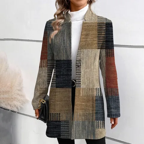 Women's Vintage Plaid Blazer Patchwork Lapel Long Sleeve Single Button Viscose Suit Outerwear For Office Lady