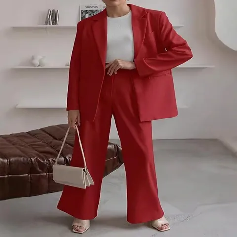 Blazer a Tinta Unita da Donna e Pantaloni a Gamba Larga Top And Bottom Moda Street Stile Casual per Ufficio Streetwear