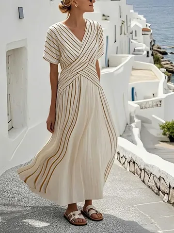 Vestido Largo a Rayas Casual de Verano para Mujer Cuello en V Cintura Cruzada Manga Corta Vestido de Vacaciones Playa