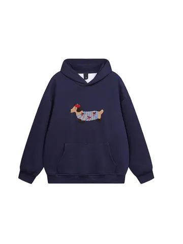Felpa con Cappuccio Donna Casual Bassotto Cartoon Ricamato Pullover Largo Manica Lunga con Tasca a Marsupio