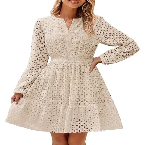 Vestito a Manica Lunga con Ricamo a Occhielli Scollo a V Donna Poliestere Acrilico Abito a Trapezio Mini Vita Larga Stile Occidentale