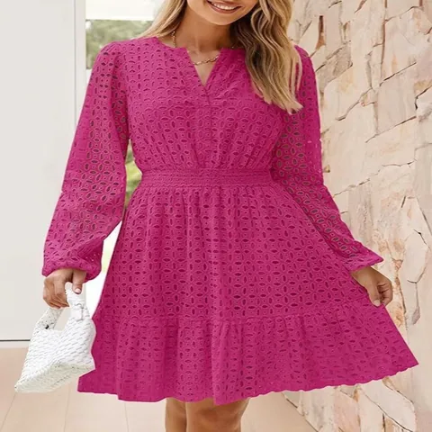 Vestito a Manica Lunga con Ricamo a Occhielli Scollo a V Donna Poliestere Acrilico Abito a Trapezio Mini Vita Larga Stile Occidentale