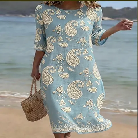 Women Bohemian Polyester Maxi Dress Casual Round Neck Half Sleeve 3D Digital Printed Loose Summer Beach Vacation Gown