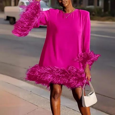 Damen Kleid Mit Federbesatz Patchwork Locker Lässig Dreiviertelarm Minikleid Rundhalsausschnitt Einfarbig Streetwear Partykleid