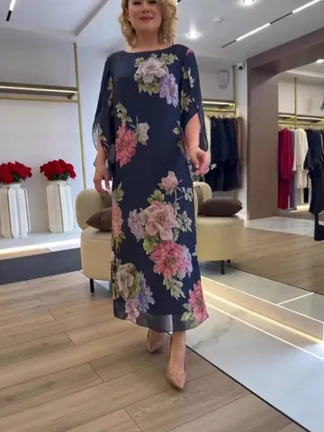 Vestido Maxi de Mujer Elegante con Estampado Floral Digital Moda Cuello Redondo Manga 3/4 Poliéster Corte Recto Vestido Largo Diario