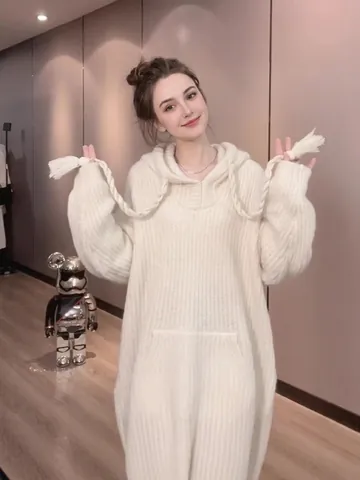 Suéter con Capucha y Cordón Estilo Relajado para Mujer Color Sólido Punto Manga Larga Bolsillos Top para Uso Diario Otoño Invierno