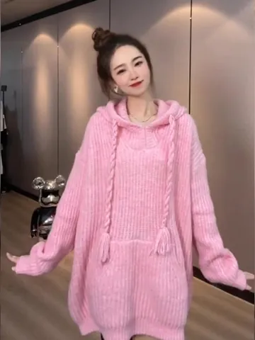 Suéter con Capucha y Cordón Estilo Relajado para Mujer Color Sólido Punto Manga Larga Bolsillos Top para Uso Diario Otoño Invierno
