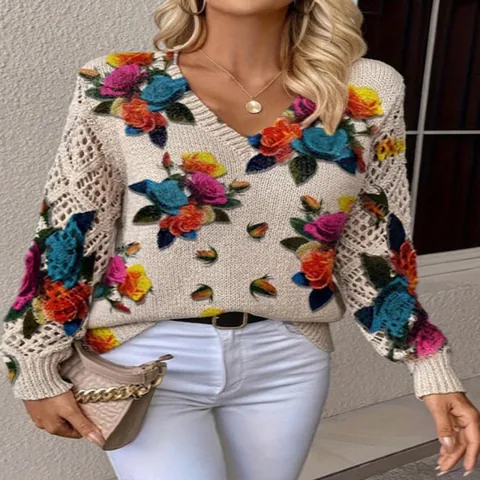 Women V Neck Hollow Out Long Sleeve Sweater Floral Print Knit Pullover Loose Casual Autumn Winter Top