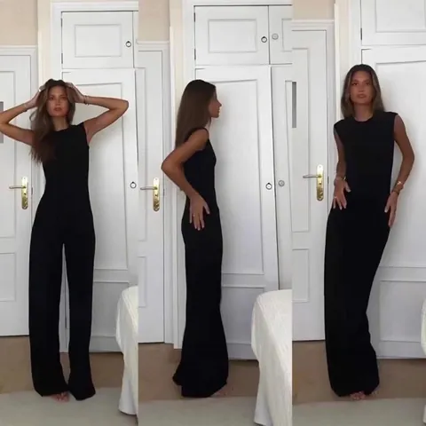 Elegant Solid Color Viscose Jumpsuit For Women Summer Sleeveless Round Neck High Waist Wide Leg Casual Romper One Piece Outfit