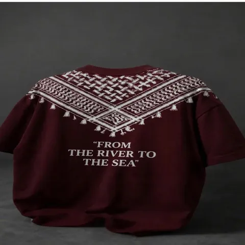 Men Oversized Polyester T-Shirt Drop Shoulder Crew Neck Short Sleeve Top With Keffiyeh Pattern Letter Print Casual T-Shirt