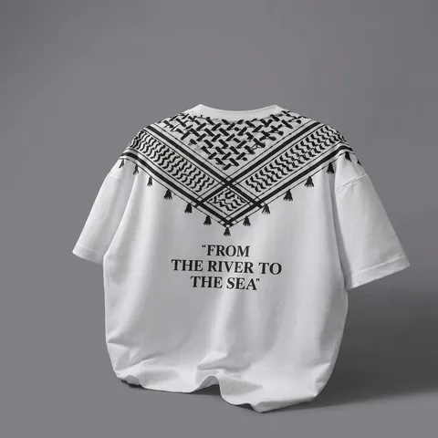 Men Oversized Polyester T-Shirt Drop Shoulder Crew Neck Short Sleeve Top With Keffiyeh Pattern Letter Print Casual T-Shirt