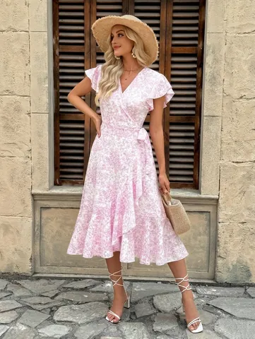Women Floral Print V Neck Maxi Dress Butterfly Sleeve Ruffle Hem Wrap Waist Summer Vacation Bohemia Polyester Dress