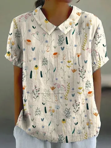 Women Casual Lapel Short Sleeve T-Shirt Loose Milk Silk Polyester Floral Printed Top Vintage Summer Fashion Tee For Women