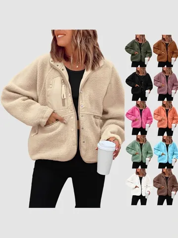Women's Polar Fleece Jacket Stand Collar Button Zipper Outerwear Solid Color Loose Fit Casual Sporty Warm Winter Coat Top