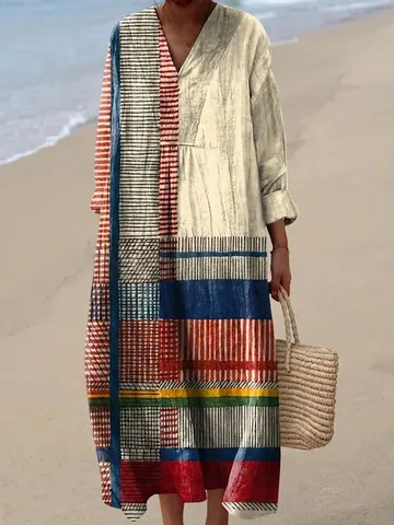 Women Casual V Neck Long Sleeve Printed Midi Dress Loose Bohemian A-Line Holiday Beach Dress Polyester Fashion Apparel