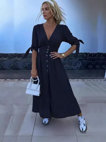 Women Elegant V Neck Single Breasted Maxi Dress Short Sleeve Bow Tie Waist Solid Floral Printed Summer Commuter Dress