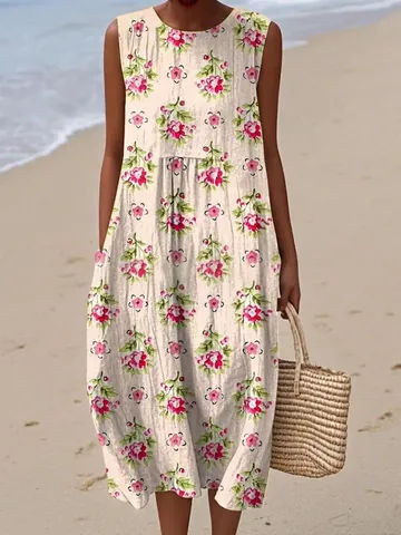 Women's Sleeveless Polyester Maxi Dress Casual Round Neck Printed A-Line Vacation Beach Summer Sundress with Pockets