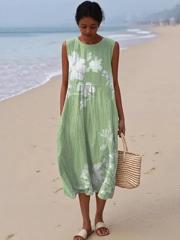 Women's Sleeveless Polyester Maxi Dress Casual Round Neck Printed A-Line Vacation Beach Summer Sundress with Pockets