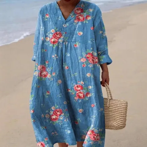Women Casual V Neck Long Sleeve Printed Midi Dress Loose Bohemian A-Line Holiday Beach Dress Polyester Fashion Apparel