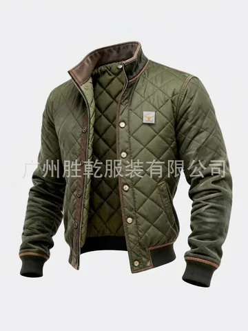 Men's Casual Stand Collar Quilted Jacket Solid Color Army Green Winter Padded Coat With Pockets For Outdoor Daily Wear