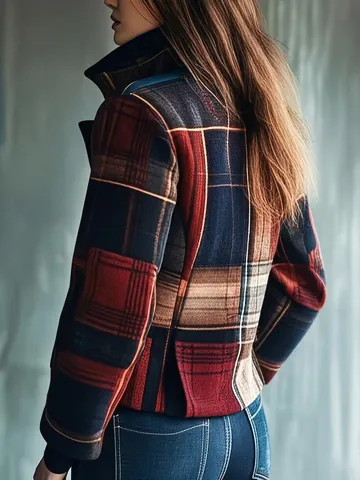 Damen Retro Kariert Blazer Jacke Revers Spleißen Knopf Warm Herbst Winter Anzug Oberbekleidung Casual Mode Langarm Mantel